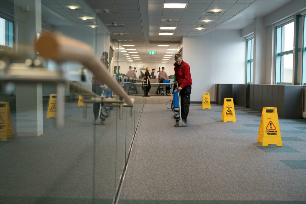 A person in a red shirt is vacuuming a carpeted area in an office hallway; multiple "Caution: Wet Floor" signs are placed along the corridor.
