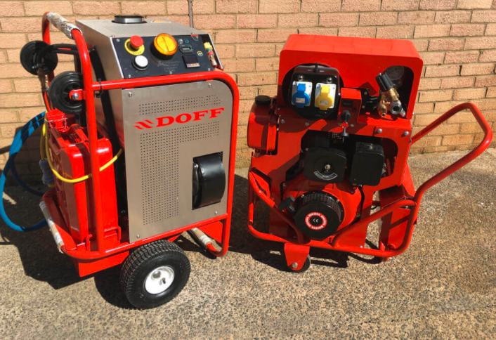 Two red, industrial cleaning machines on a concrete surface. One machine, part of the Doff Cleaning System, has various controls, gauges, and buttons on a metallic panel, while the other has an open frame exposing mechanical components.