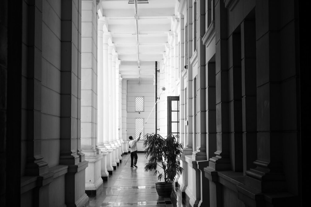 A person walks down a corridor with tall columns and windows in a luxurious hotel. A potted plant, meticulously arranged by professional housekeeping staff, is placed on the right side of the hallway.