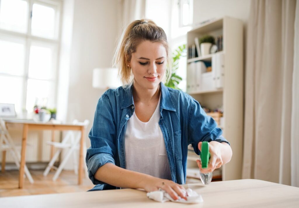 A woman in a blue shirt is making the wooden table sparkling clean with a cloth and a spray bottle in a well-lit room with bookshelves and plants.